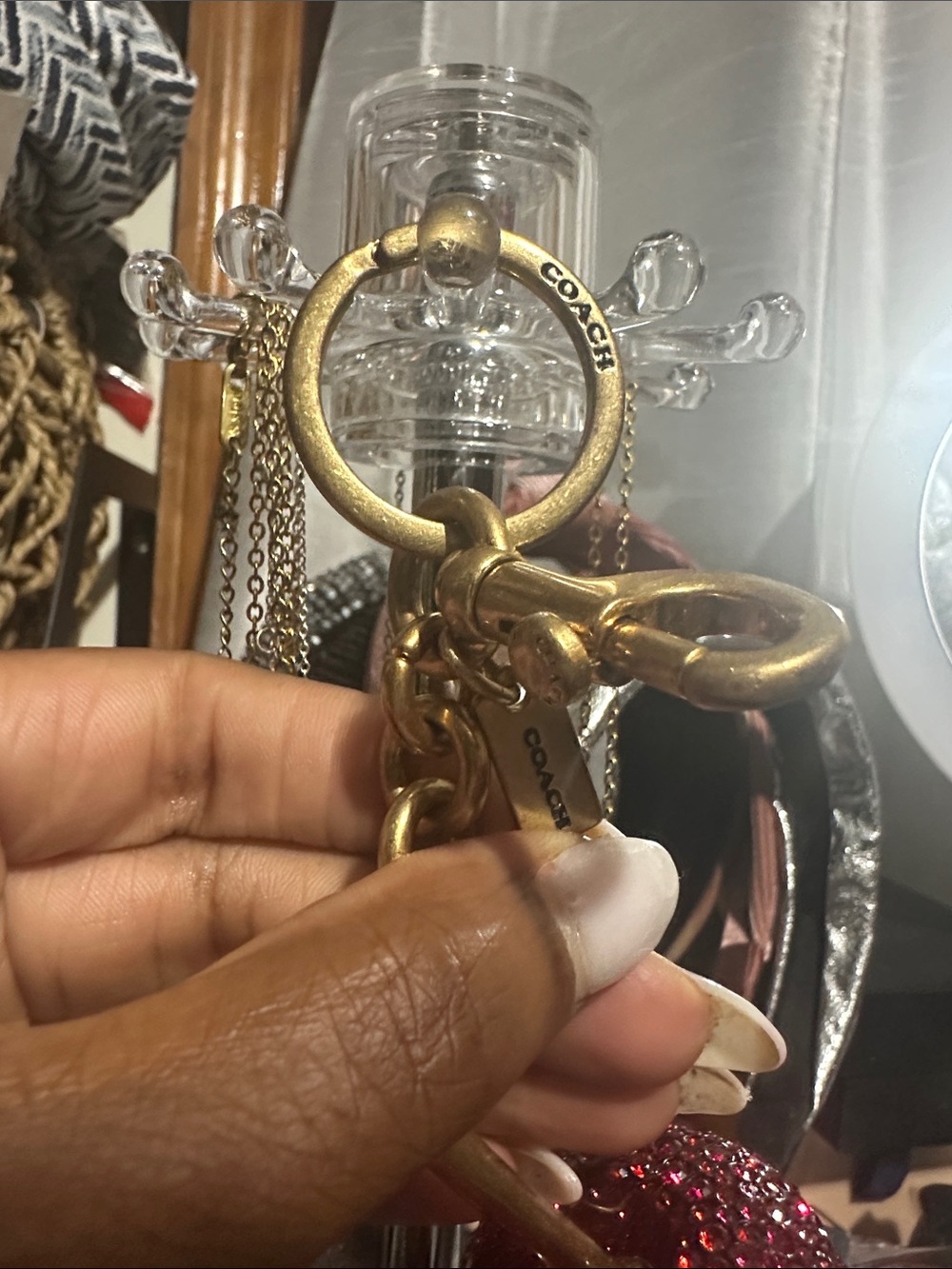 Coach Red Crystal Cherry Charm Keyring with Green Leaf - Picture 3 of 5
